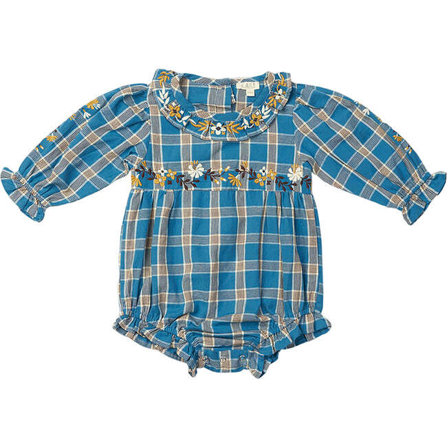 Baby Juniper Embroidered Ruffle Collar Long Sleeve Romper, Azure Plaid