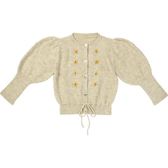 Moss Long Puff Sleeve Waist Tie Knit Cardigan, Biscuit