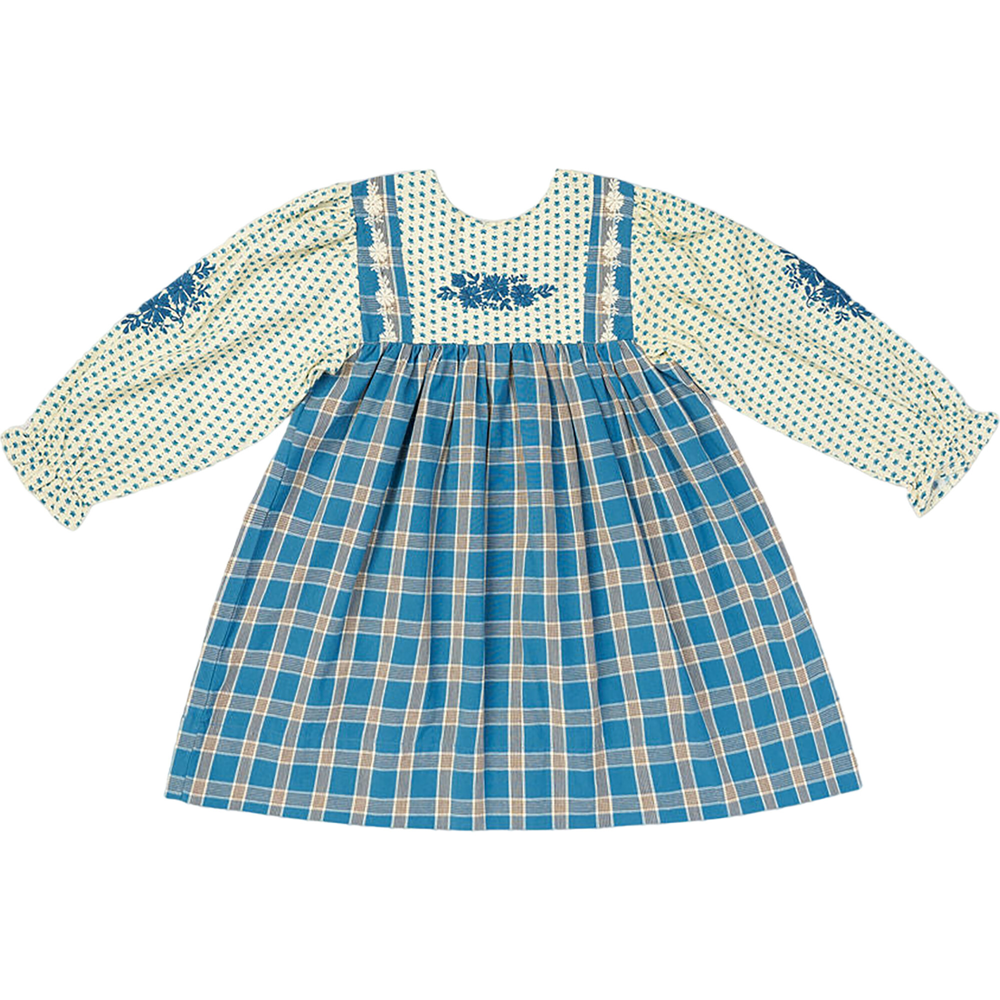 Nora Embroidered Long Sleeve Dress, Hearts & Azure Plaid - Dresses - 1