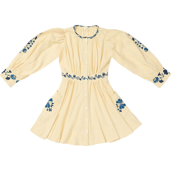 Blair Embroidered Long Puff Sleeve Button-Down Dress, Macadamia