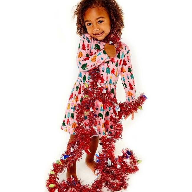 Stretchy Long Sleeve Twirl Dress, Christmas Trees Pink - Dresses - 3