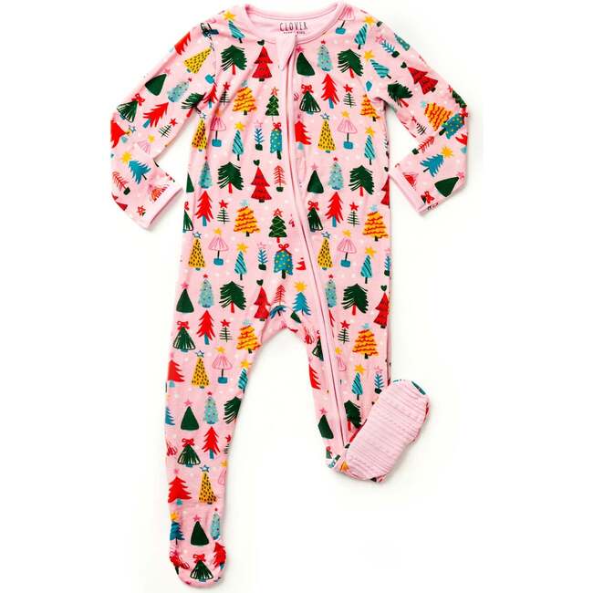 Soft & Stretchy Zipper Footie, Christmas Trees Pink