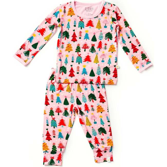 Long Sleeve Pajama Set, Christmas Trees Pink