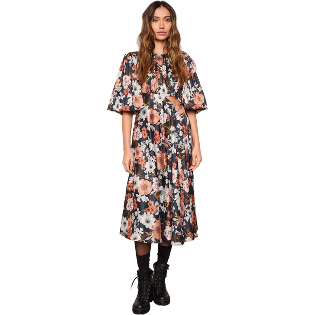 Women's Selma Pleat Neck 3-Quarter Lantern Sleeve Dress, Autumn Floral