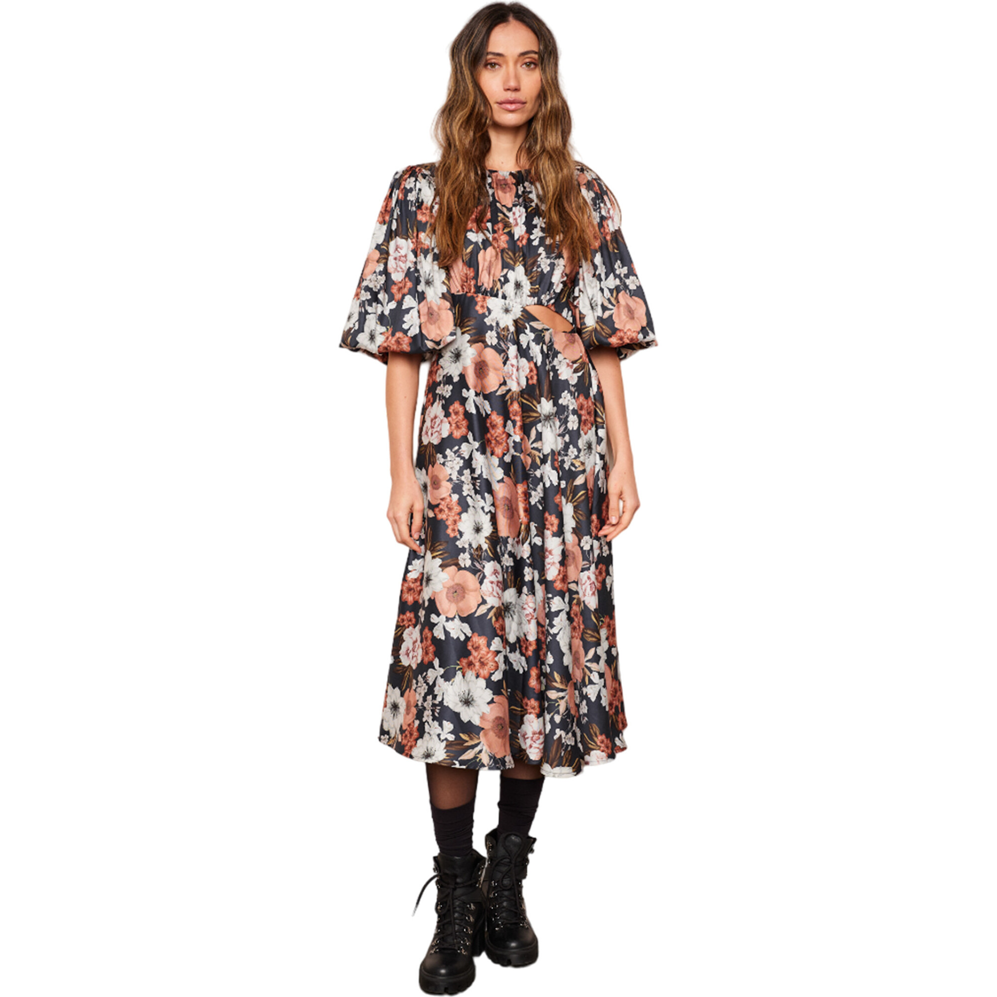 Women's Selma Pleat Neck 3-Quarter Lantern Sleeve Dress, Autumn Floral - Dresses - 1