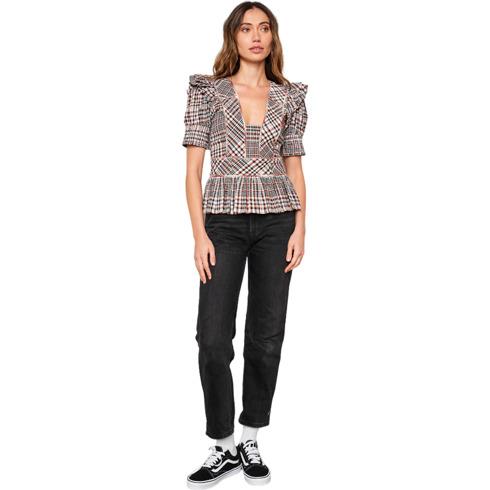 Women's Zoe Plaid Deep Neck Ruffle Shoulders Puff Sleeve Top, Autumn Madras - Blouses - 1
