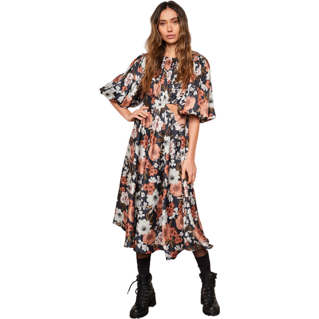 Women's Selma Pleat Neck 3-Quarter Lantern Sleeve Dress, Autumn Floral - Dresses - 3