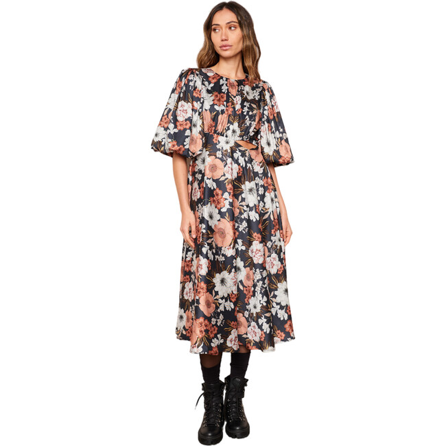 Women's Selma Pleat Neck 3-Quarter Lantern Sleeve Dress, Autumn Floral - Dresses - 5