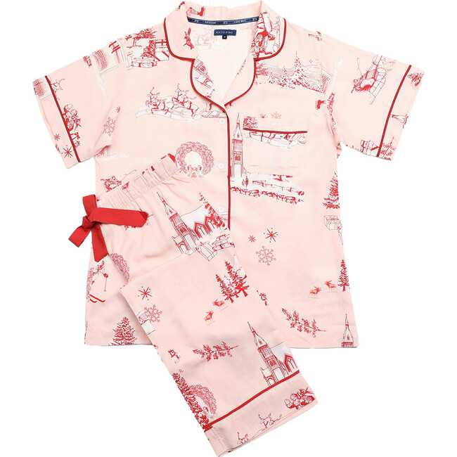 Women's Holiday Toile Pajama Pants Set, Pink & Red