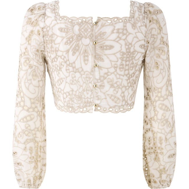 Makayla Floral Embroidered Long Sleeve Top, Cream - Blouses - 2