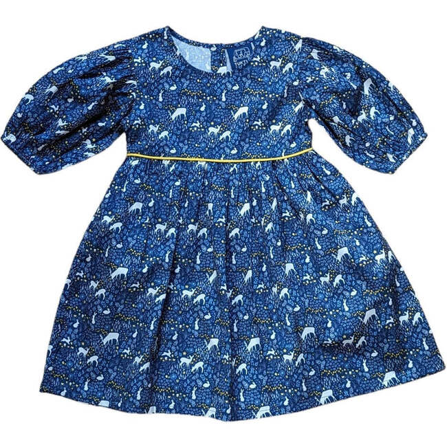 Woodland Contrast Piping Puff Sleeve Back Button Side Pocket Dress, Blue