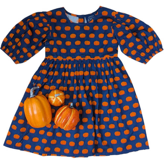 Pumpkin Patch Contrast Piping Puff Sleeve Back Button Side Pocket Dress, Multicolors