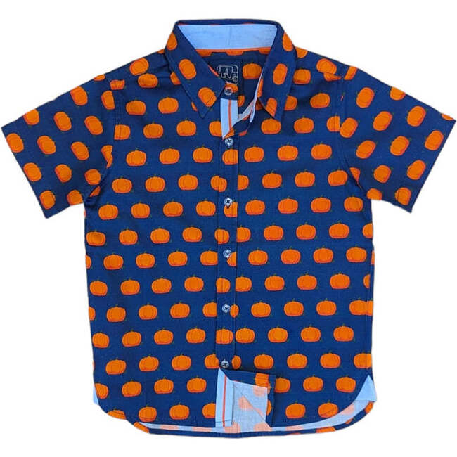 Pumpkin Patch Ribbon Trim Collar Short Sleeve Front Button Shirt, Blue