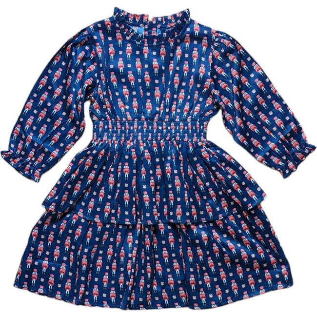 Nutcrackers Ruffle Neck Puff Sleeve Smocked Waist Skirt Dress, Midnight Blue