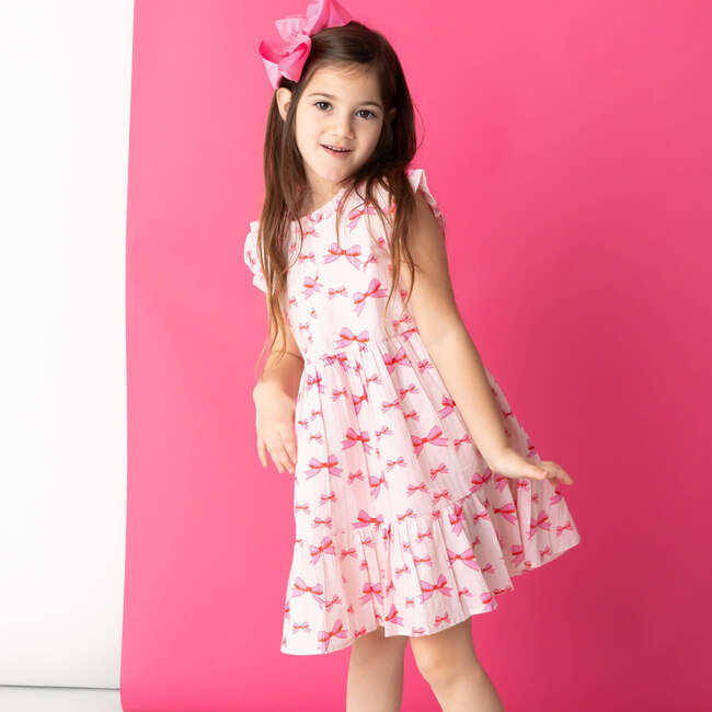 Pink Bows Ruffle Neck Sleeveless Back Button Side Pocket Dress, White - Dresses - 2