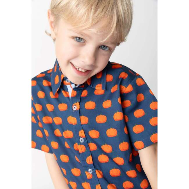 Pumpkin Patch Ribbon Trim Collar Short Sleeve Front Button Shirt, Blue - Shirts - 2