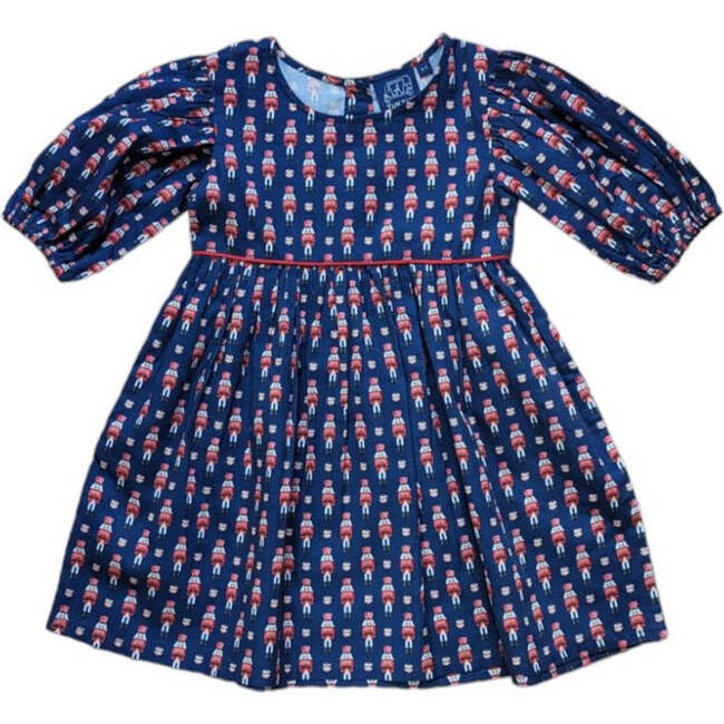 Nutcrackers Contrast Piping Puff Sleeve Back Button Side Pocket Dress, Midnight Blue