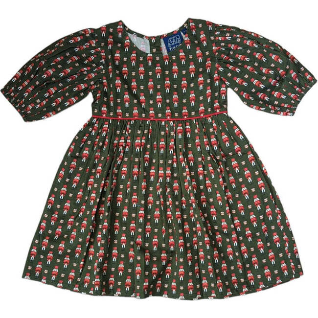 Nutcrackers Contrast Piping Puff Sleeve Back Button Side Pocket Dress, Hunter Green