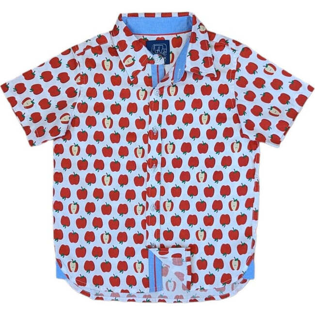 Delicious Apple Ribbon Trim Collar Short Sleeve Front Button Shirt, Red