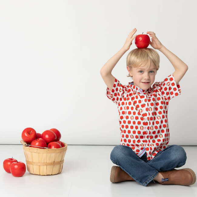 Delicious Apple Ribbon Trim Collar Short Sleeve Front Button Shirt, Red - Shirts - 2