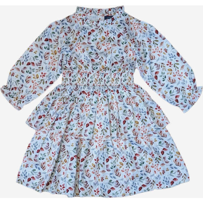 Autumn Leaves Ruffle Neck Puff Sleeve Smocked Waist Skirt Dress, Multicolors