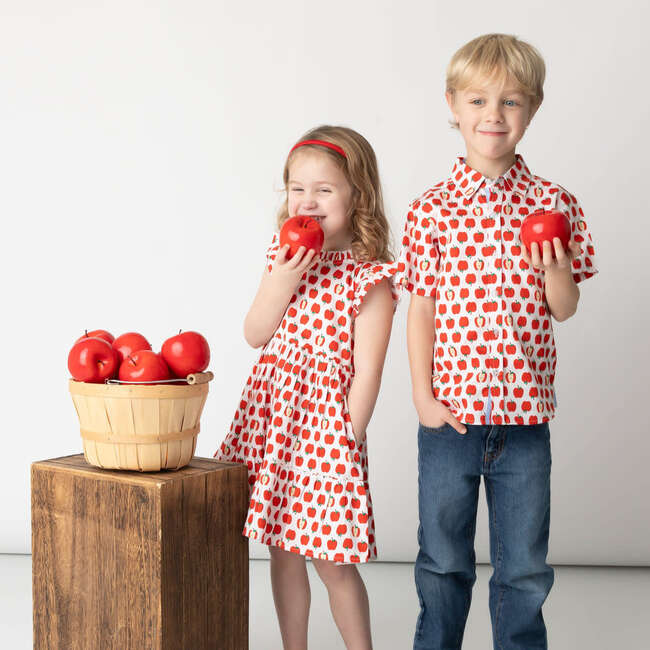 Delicious Apple Ribbon Trim Collar Short Sleeve Front Button Shirt, Red - Shirts - 3