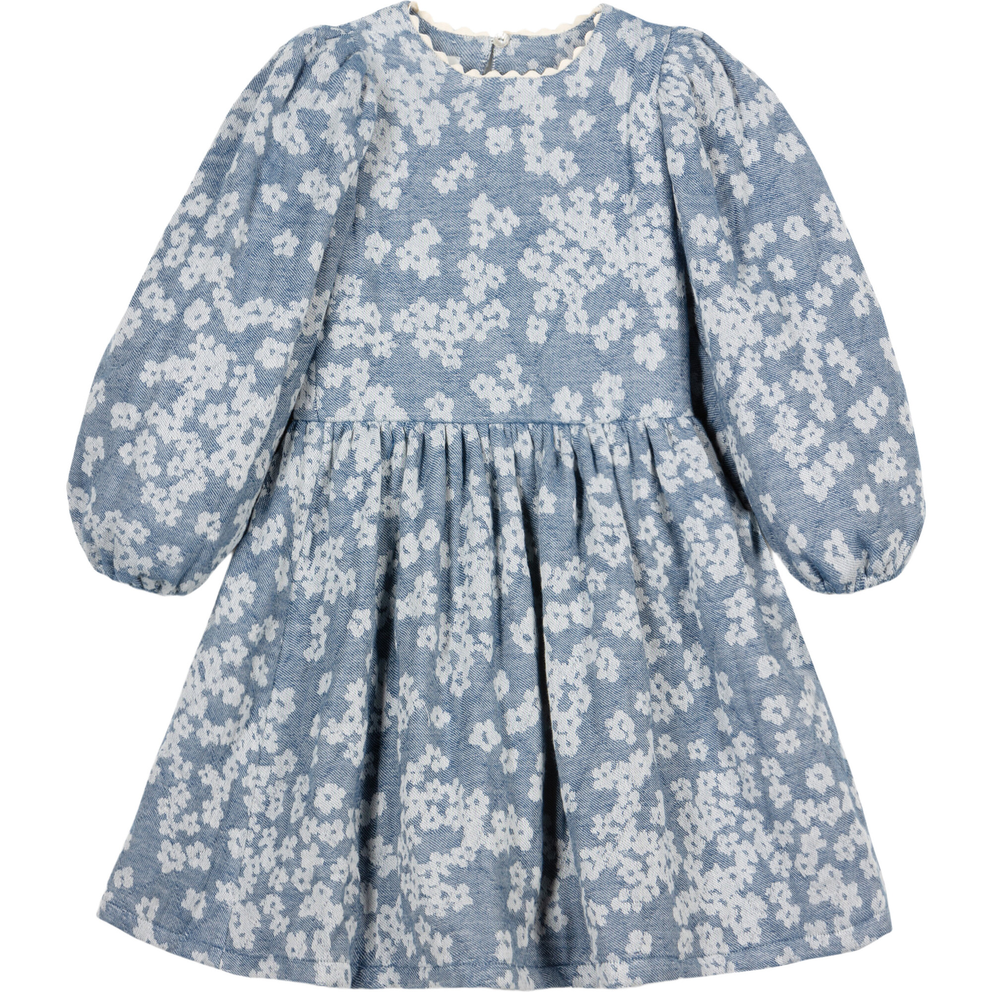 Clementine Jacquard Long Puff Sleeve Scalloped Trim Dress, Blue - Dresses - 1