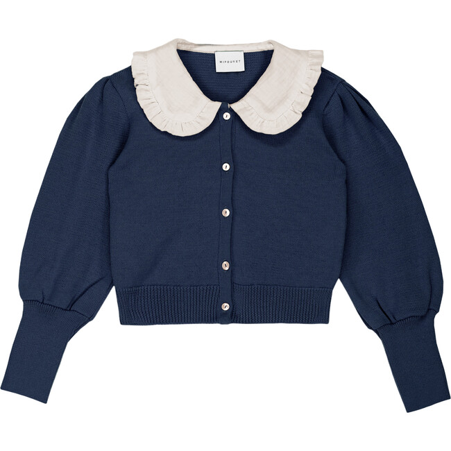 Isabella Over sized Collar Ruffle Trim Cardigan, Dark Blue