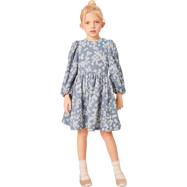 Clementine Jacquard Long Puff Sleeve Scalloped Trim Dress, Blue - Dresses - 4