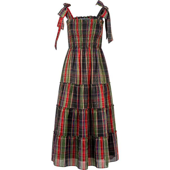 Women's Ellie Tartan Lamé Ribbon Tie Strap Tiered Skirt Nap Dress, Multicolors