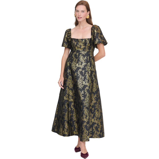 Women's Matilda Bird Brocade Empire Waist Full Skirt Dress, Black & Gold