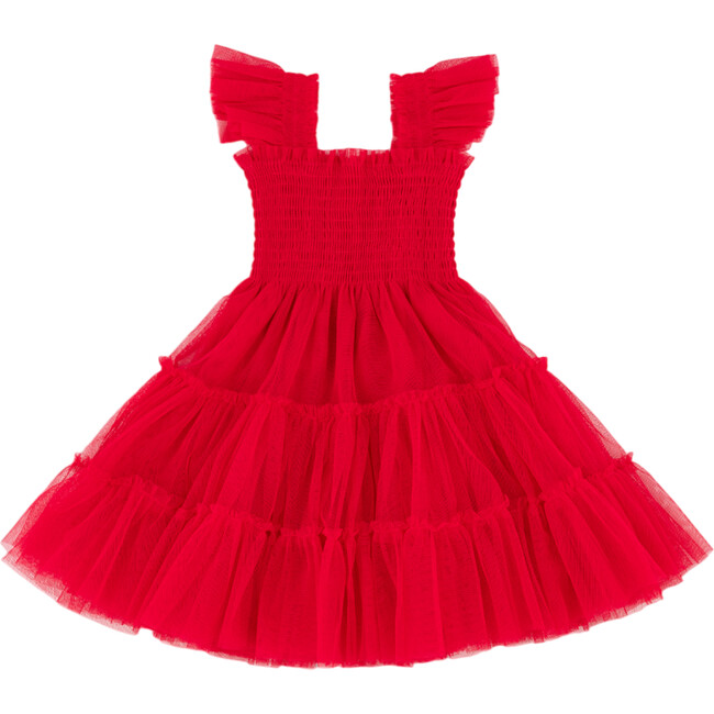 Tiny Ellie Tulle Smocked Ruffle Shoulder A-Line Skirt Nap Dress, Red