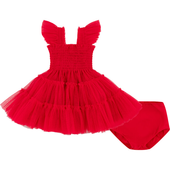 Baby Ellie Tulle Smocked Ruffle Shoulder A-Line Skirt Nap Dress, Red