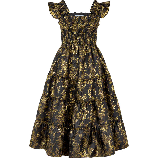 Women's Ellie Bird Brocade Ruffle Shoulder Tiered Skirt Nap Dress, Black & Gold