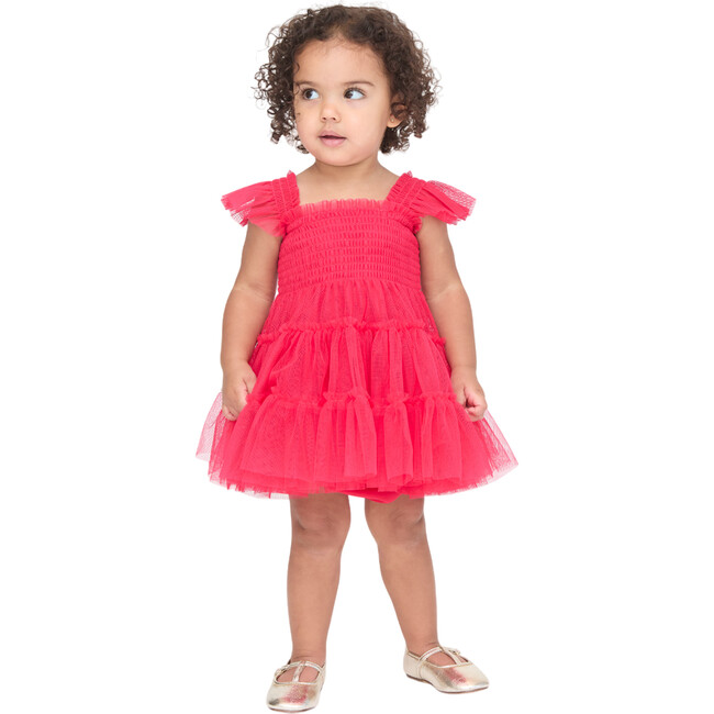 Baby Ellie Tulle Smocked Ruffle Shoulder A-Line Skirt Nap Dress, Red - Dresses - 2