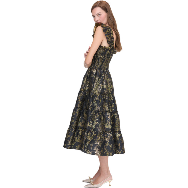 Women's Ellie Bird Brocade Ruffle Shoulder Tiered Skirt Nap Dress, Black & Gold - Dresses - 3