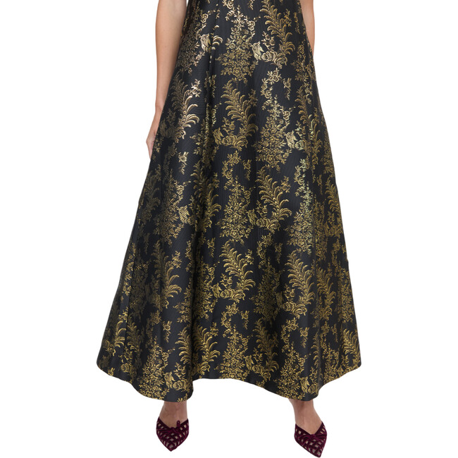 Women's Matilda Bird Brocade Empire Waist Full Skirt Dress, Black & Gold - Dresses - 5