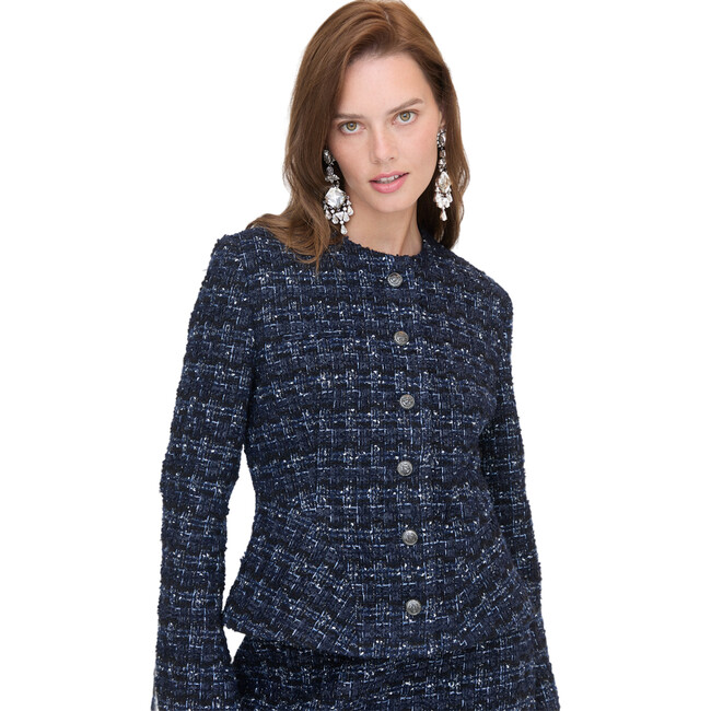 Women's Valentina Tweed Long Sleeve Nipped-In Waist Jacket, Black & Navy - Jackets - 5