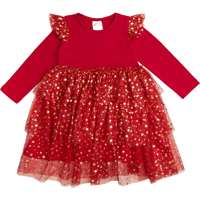 Scarlett Shimmer Christmas Long Sleeve Tutu Dress, Red - Dresses - 1