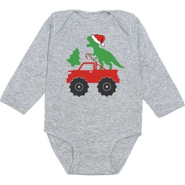 Santa Dino Monster Truck Christmas Long Sleeve Bodysuit, Grey - Onesies - 1