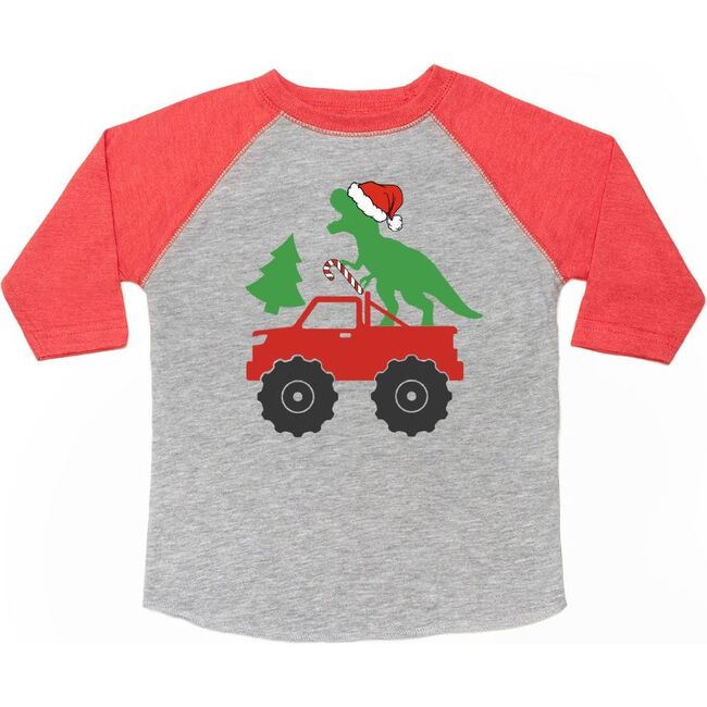 Santa Dino Monster Truck Christmas 3/4 Shirt, Heather/Red - Shirts - 1