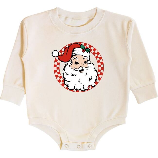 Retro Santa Christmas Long Sleeve Romper, Natural