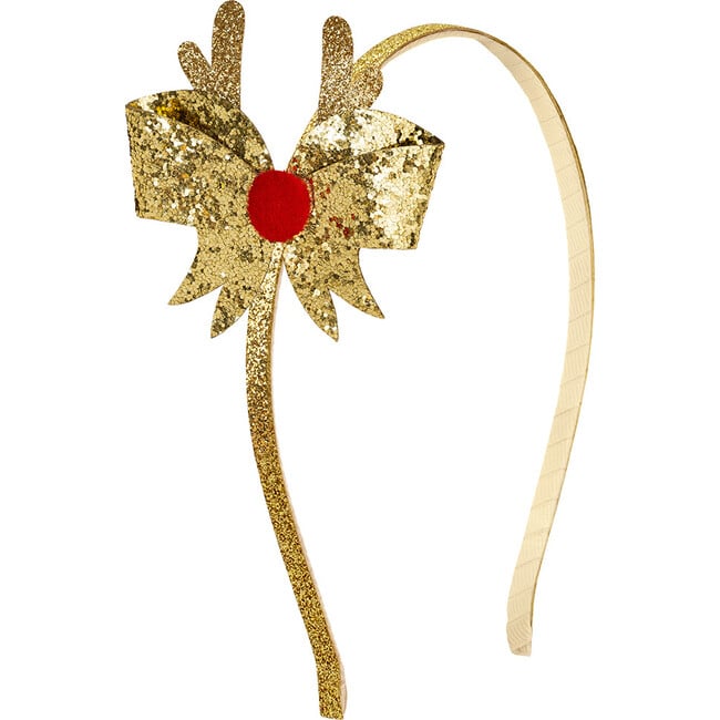 Reindeer Glitter Christmas Bow Headband, Gold - Hair Accessories - 1