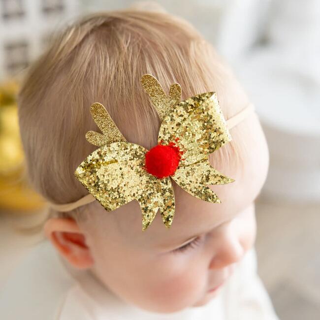 Reindeer Glitter Christmas Bow Baby Headband, Gold - Hair Accessories - 2