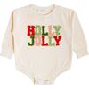 Holly Jolly Patch Christmas Long Sleeve Romper, Natural - Shirts - 1 - thumbnail