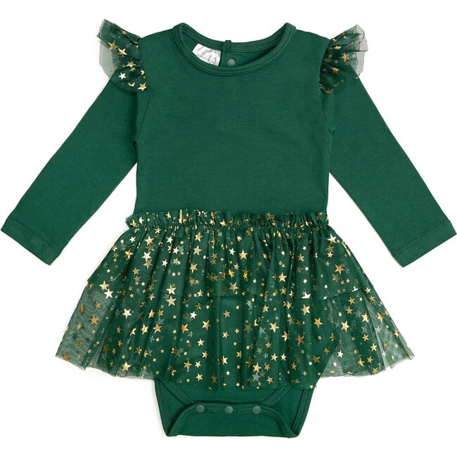 Emerald Shimmer Christmas Long Sleeve Tutu Bodysuit, Green