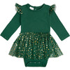 Emerald Shimmer Christmas Long Sleeve Tutu Bodysuit, Green - Dresses - 1 - thumbnail