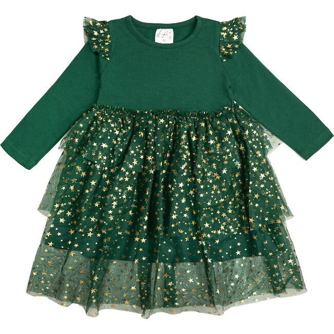 Emerald Shimmer Christmas Long Sleeve Tutu Dress, Green