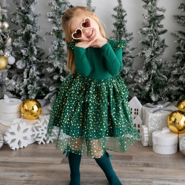 Emerald Shimmer Christmas Long Sleeve Tutu Dress, Green - Dresses - 2