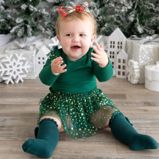 Emerald Shimmer Christmas Long Sleeve Tutu Bodysuit, Green - Dresses - 2